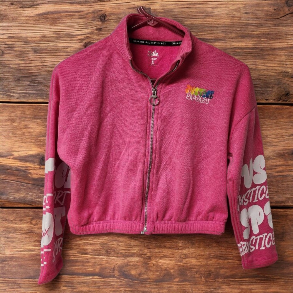 Justice Zip Sport Track Jacket Girl Small Pink Long Sleeves With Bold Graphics